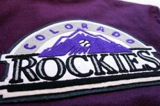 画像4: 90s USA製 DeLONGデロング MLB ROCKIES パッチ付き キルティングライナー メルトン ウール 袖革スタジャン 紫×黒L (4)