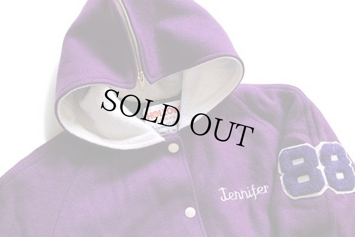 画像3: 80s USA製 Holloway チェーン刺繍&パッチ付き セーラーカラー メルトン ウール スタジャン 紫 L-M (3)