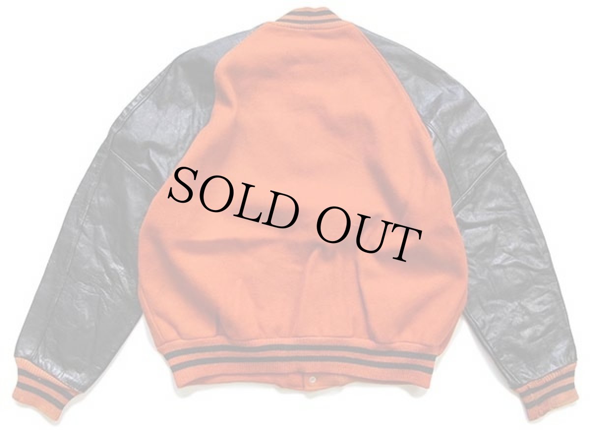 画像2: 60s DeLONGデロング パッチ付き メルトン ウール 袖革スタジャン オレンジ×黒 44 (2)