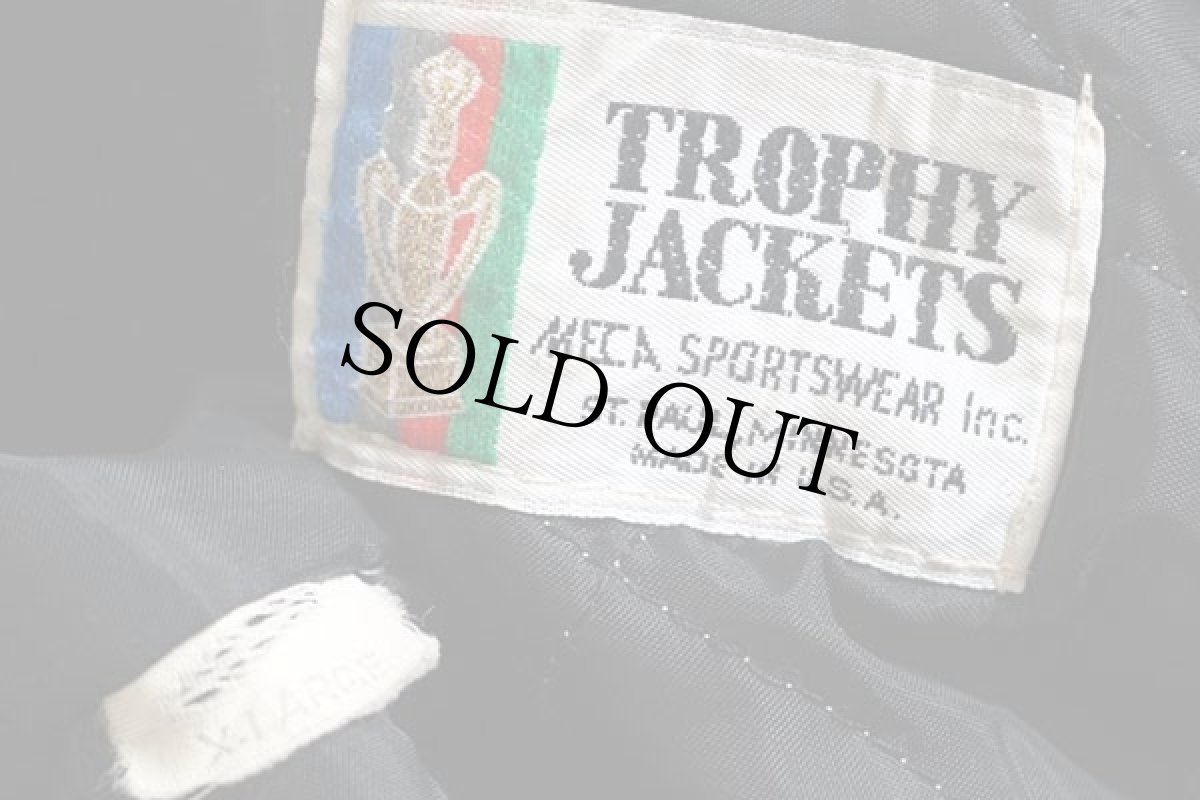 画像4: 80s USA製 TROPHY JACKETS キルティングライナー メルトン ウール 袖革スタジャン 紺×ベージュ XL (4)