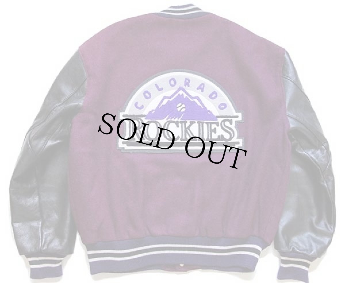 画像2: 90s USA製 DeLONGデロング MLB ROCKIES パッチ付き キルティングライナー メルトン ウール 袖革スタジャン 紫×黒L (2)