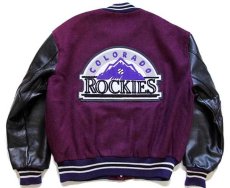 画像2: 90s USA製 DeLONGデロング MLB ROCKIES パッチ付き キルティングライナー メルトン ウール 袖革スタジャン 紫×黒L (2)