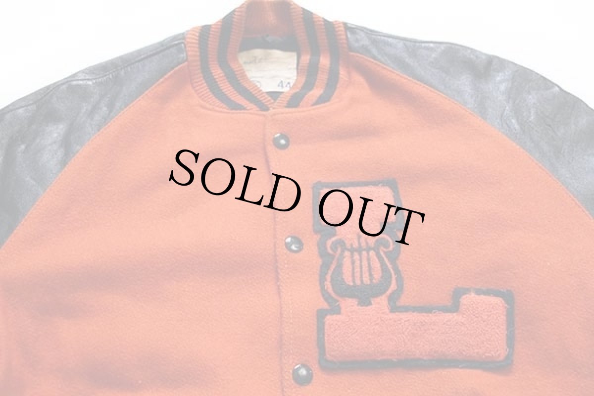 画像3: 60s DeLONGデロング パッチ付き メルトン ウール 袖革スタジャン オレンジ×黒 44 (3)