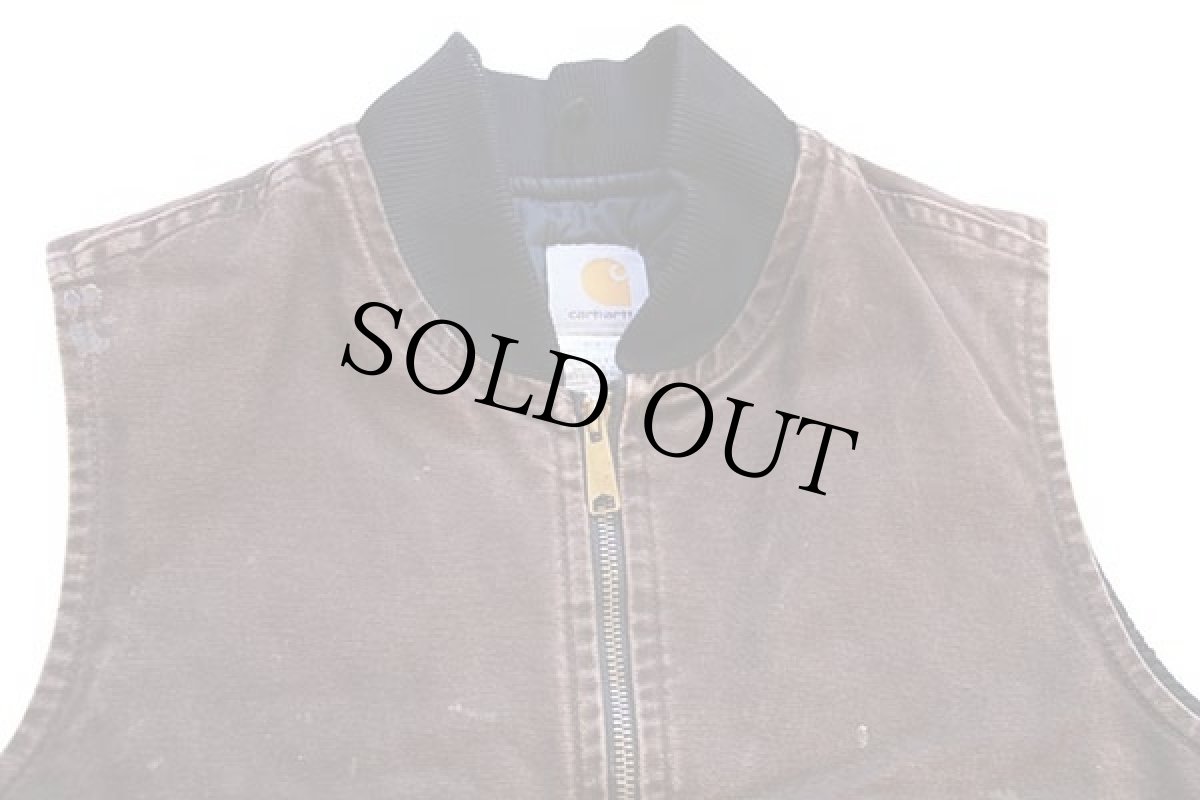 画像3: 00s メキシコ製 carharttカーハート キルティングライナー ダックベスト ペンキ飛び 焦げ茶 M (3)