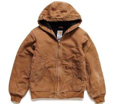画像1: 00s メキシコ製 carharttカーハート キルティングライナー ダック地 アクティブジャケット パーカー 茶 ボーイズL (1)