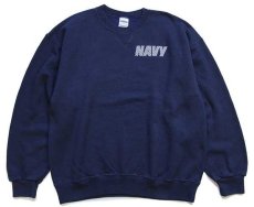 画像1: USA製 米軍 U.S.NAVY 両面リフレクタープリント 前V スウェット 紺 L (1)