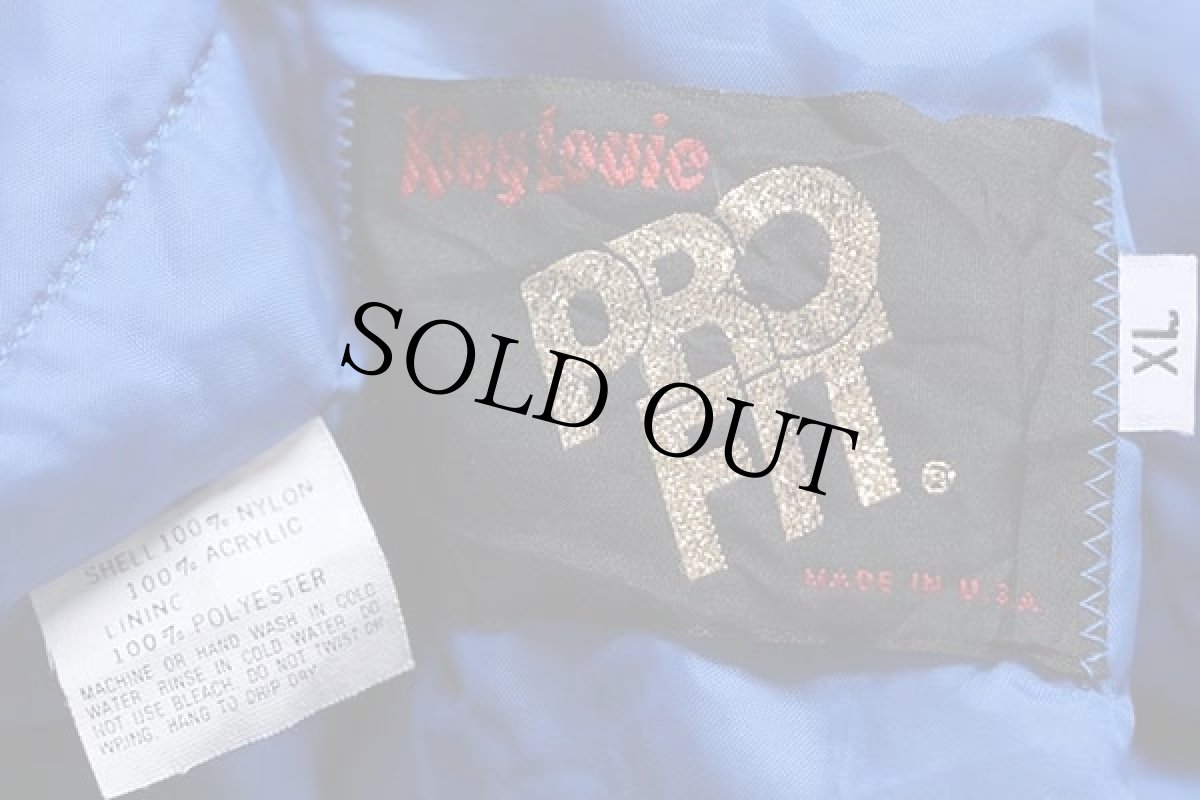 画像4: 90s USA製 King Louieキングルイ CARLISLE 刺繍 フード付き キルティングライナー ナイロンジャケット 青 XL (4)