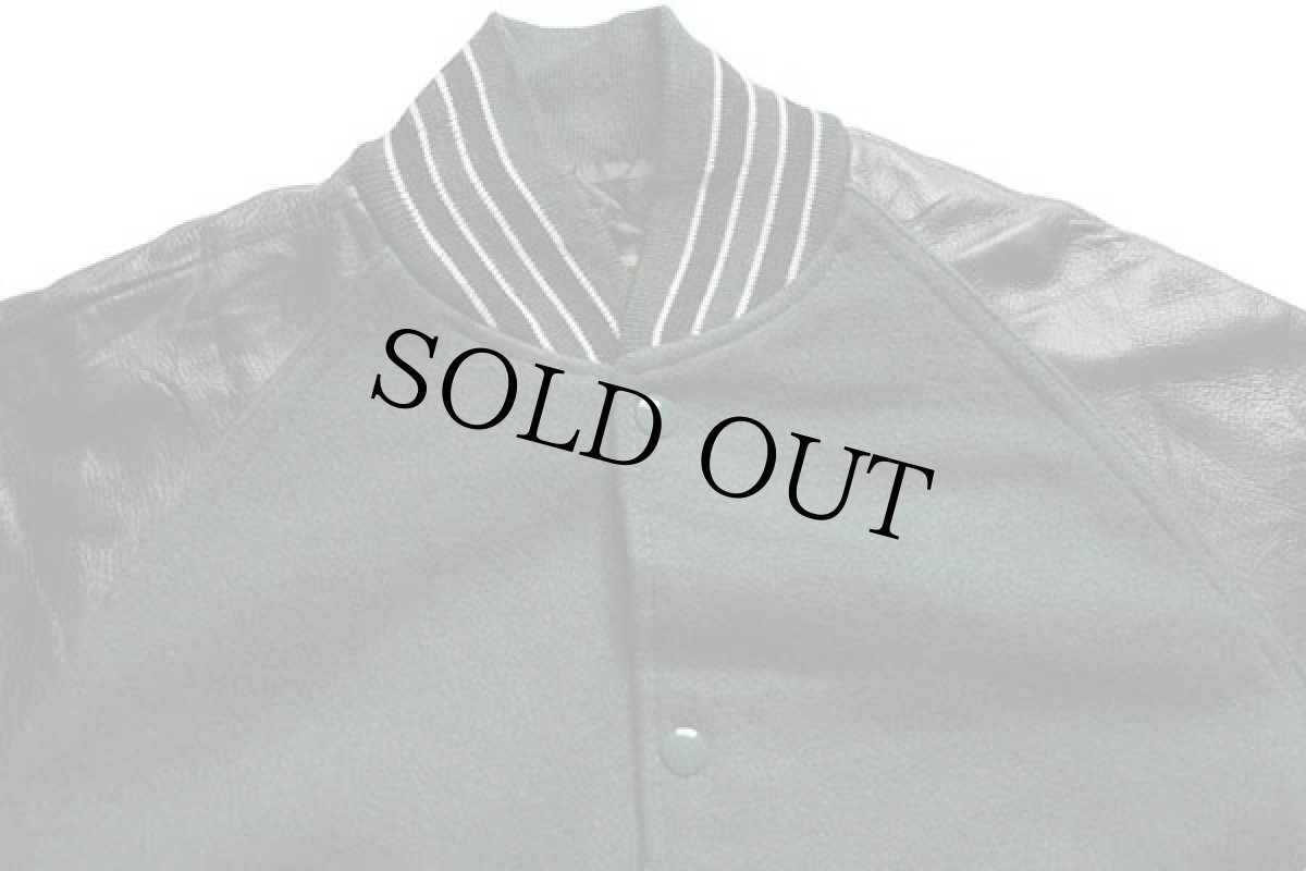 画像3: 90s USA製 HOLLOWAY キルティングライナー メルトン ウール 袖革スタジャン 緑×黒 S-S (3)