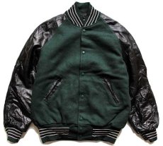 画像1: 90s USA製 HOLLOWAY キルティングライナー メルトン ウール 袖革スタジャン 緑×黒 S-S (1)