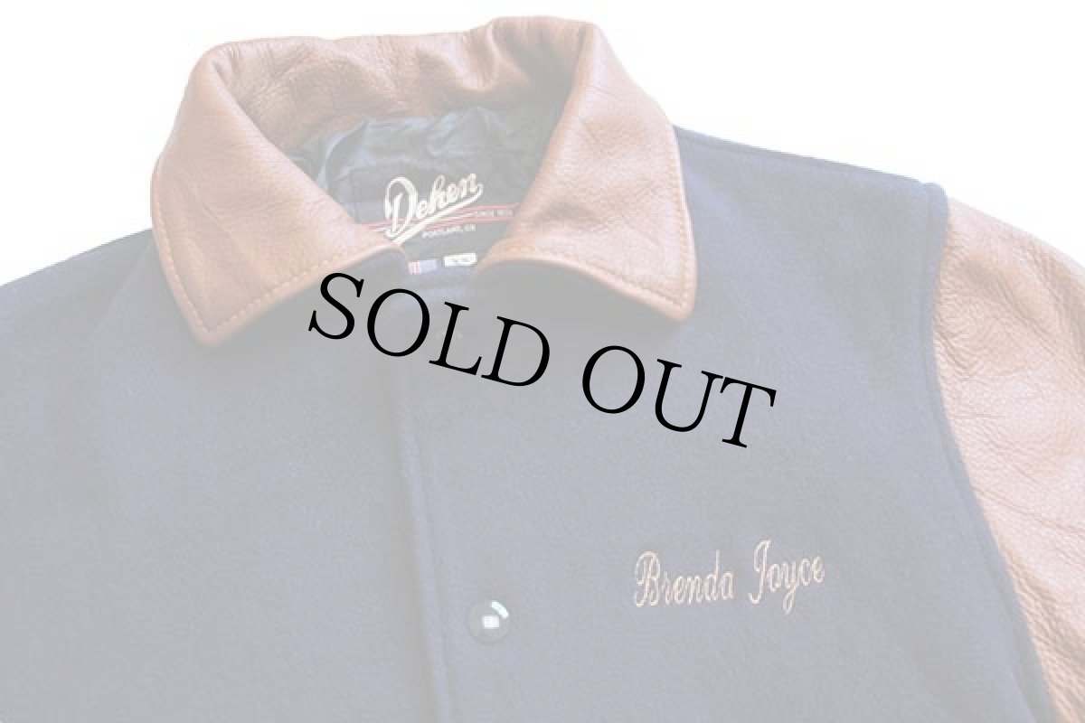 画像3: USA製 Dehen ARHA刺繍 メルトン ウール 袖革スタジャン 紺×茶 XS (3)