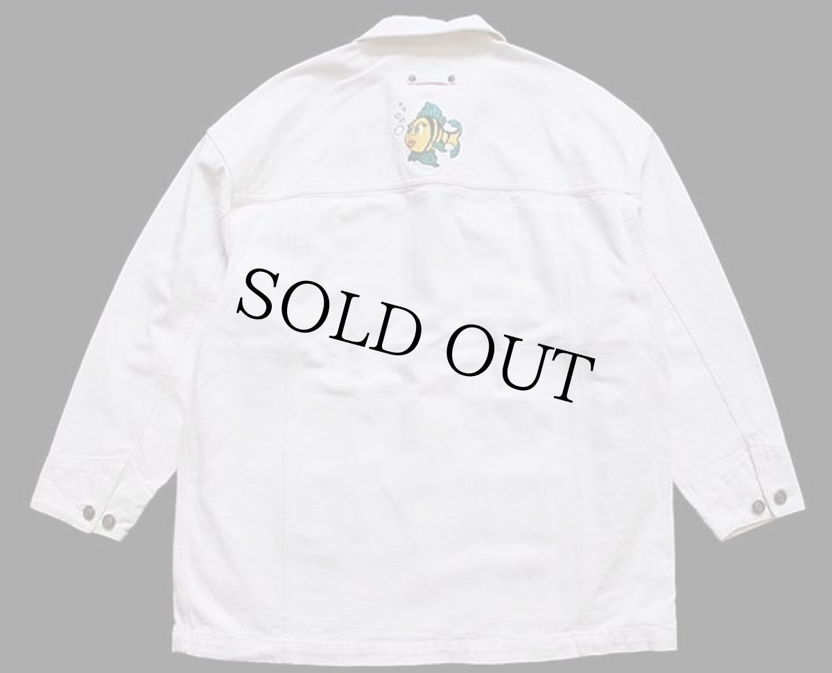 画像2: 90s Lizwear 熱帯魚 サンゴ礁 アップリケ&刺繍 カラーデニム カバーオール 生成り L (2)