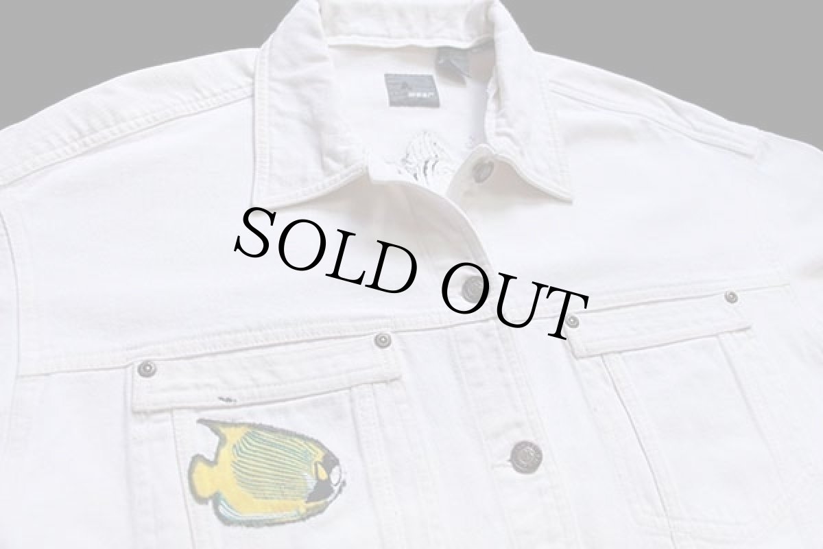 画像3: 90s Lizwear 熱帯魚 サンゴ礁 アップリケ&刺繍 カラーデニム カバーオール 生成り L (3)