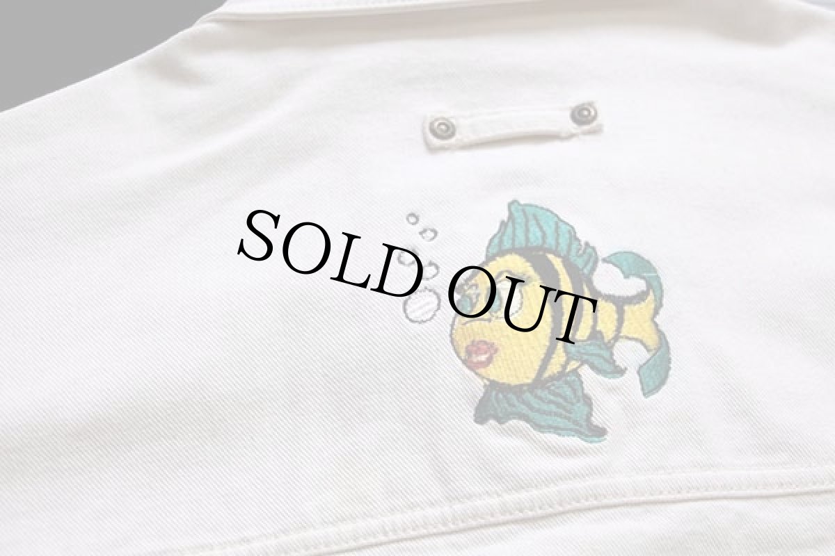 画像5: 90s Lizwear 熱帯魚 サンゴ礁 アップリケ&刺繍 カラーデニム カバーオール 生成り L (5)