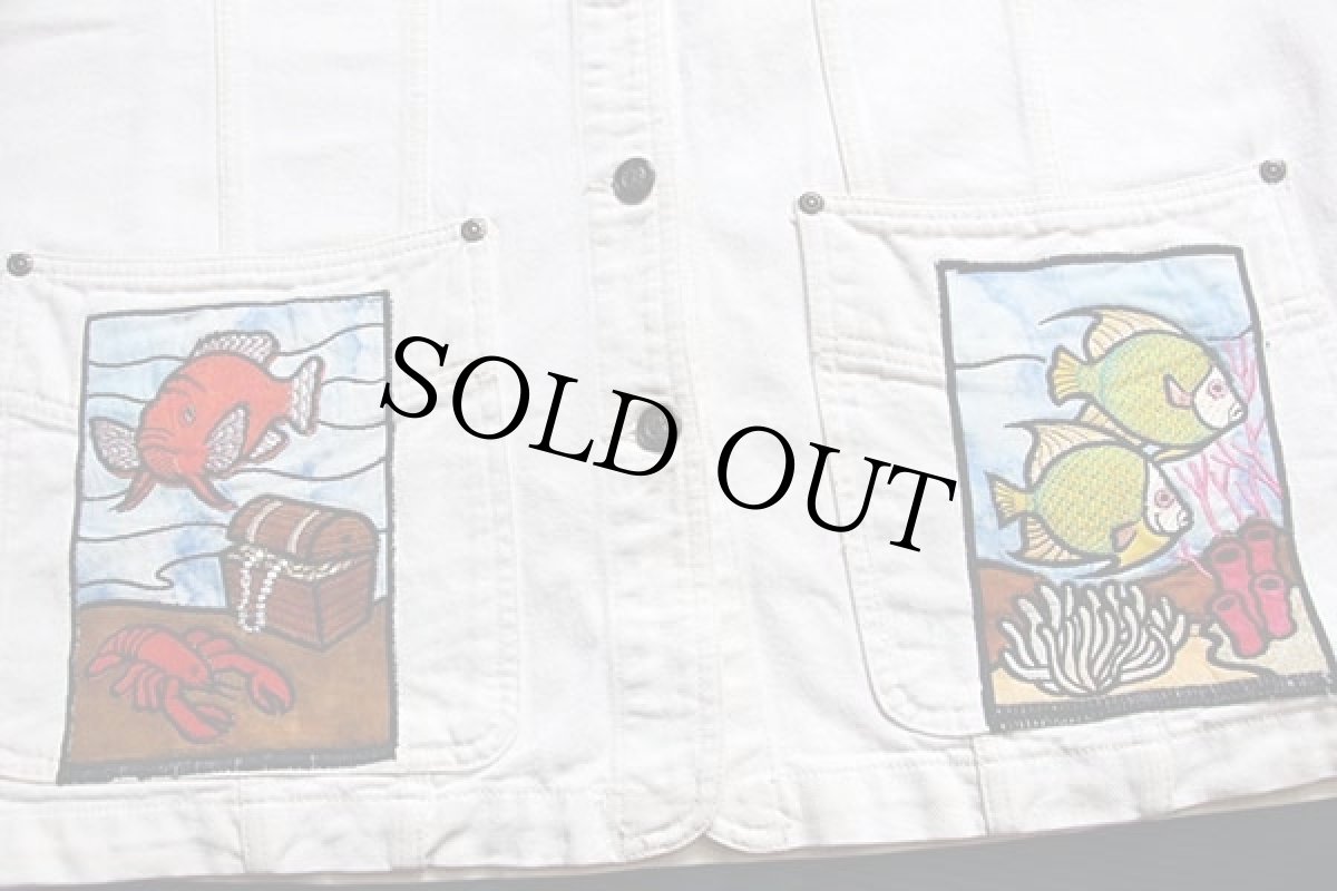 画像6: 90s Lizwear 熱帯魚 サンゴ礁 アップリケ&刺繍 カラーデニム カバーオール 生成り L (6)