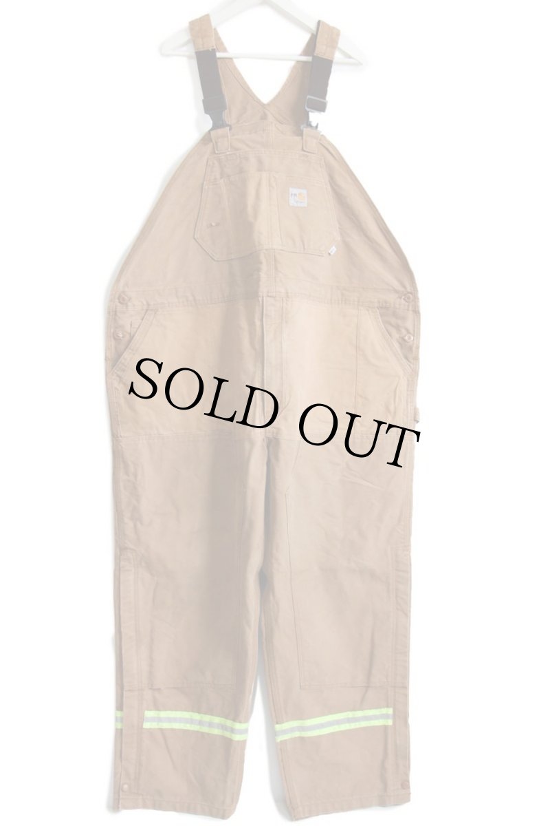 画像2: 00s メキシコ製 carharttカーハート リフレクター付き ダック地 ダブルニー オーバーオール 茶 w54 L32 (2)
