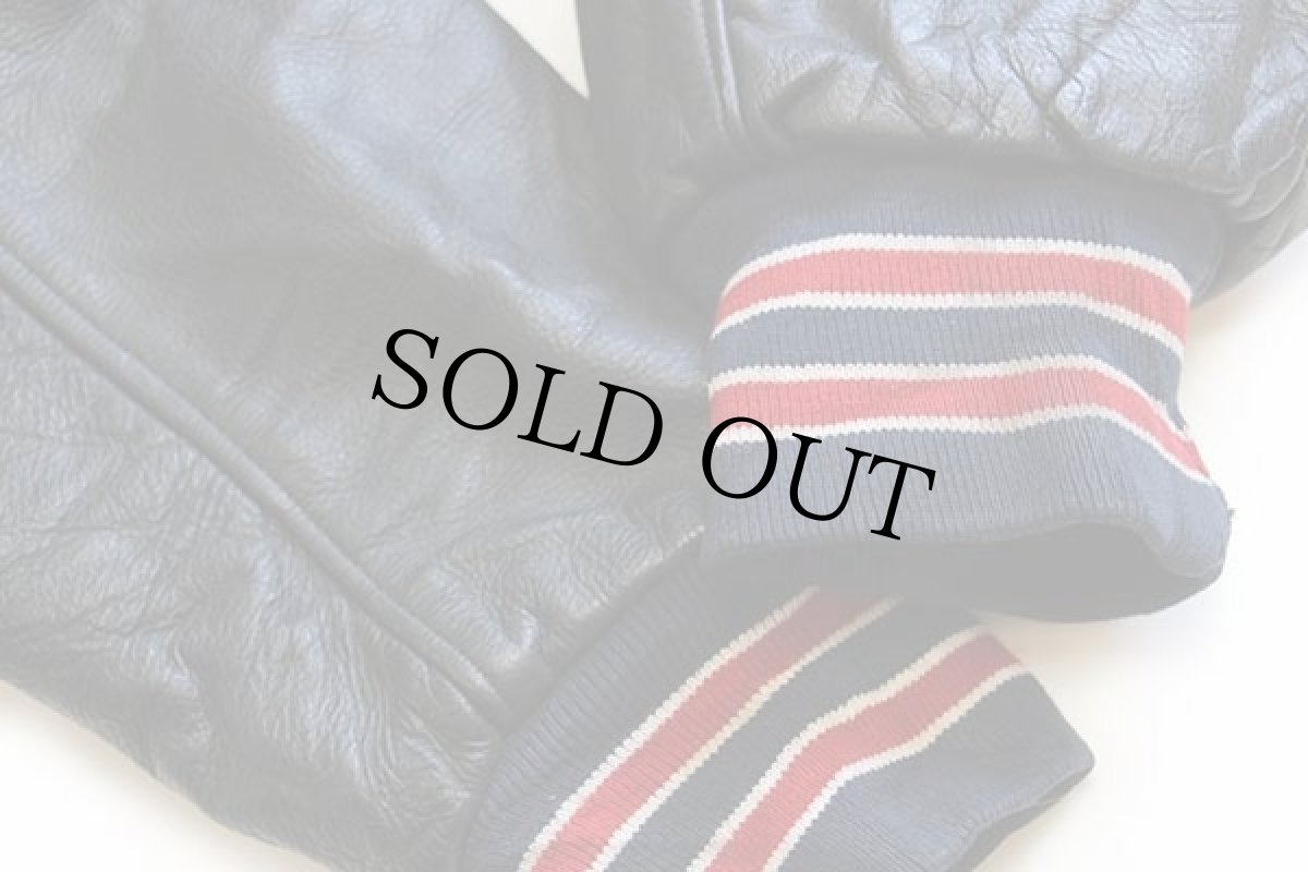 画像8: 90s USA製 gem SPORTSWEAR パッチ付き キルティングライナー メルトン ウール 袖革スタジャン 紺×黒 XL (8)