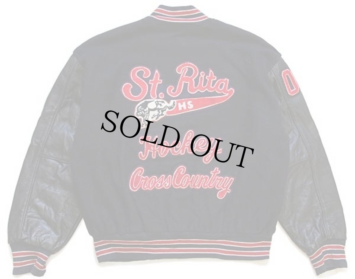 画像2: 90s USA製 gem SPORTSWEAR パッチ付き キルティングライナー メルトン ウール 袖革スタジャン 紺×黒 XL (2)