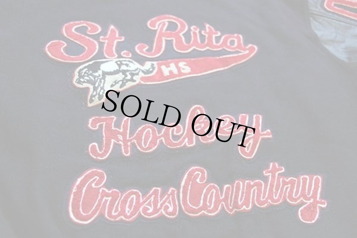 画像4: 90s USA製 gem SPORTSWEAR パッチ付き キルティングライナー メルトン ウール 袖革スタジャン 紺×黒 XL (4)