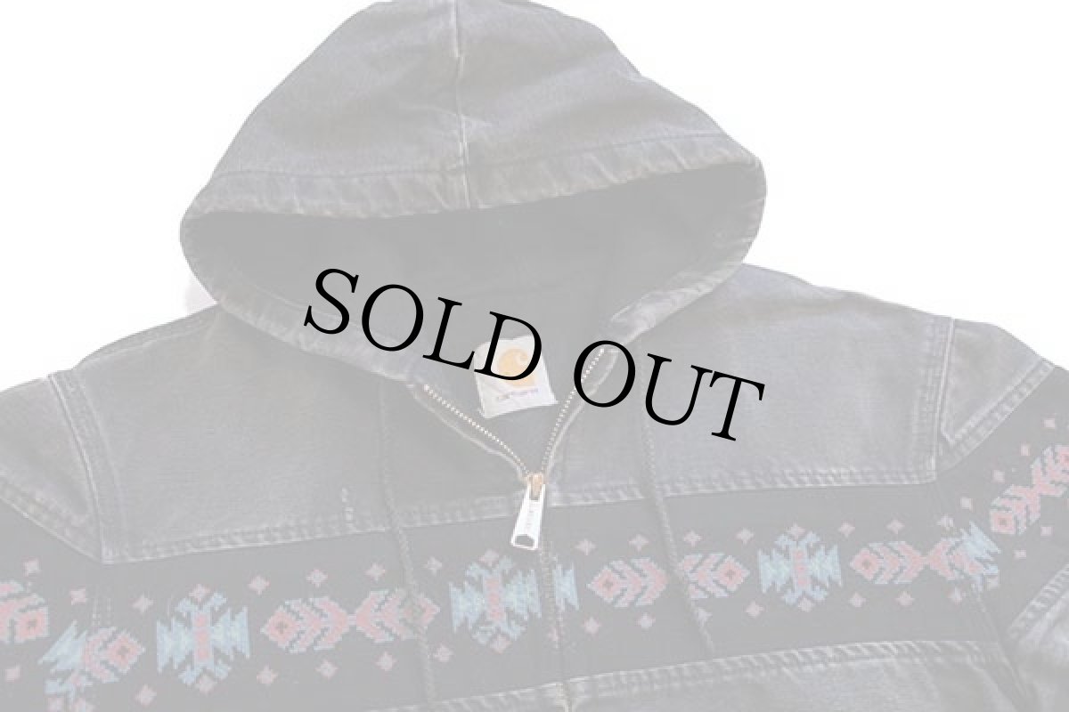 画像3: 90s carharttカーハート ネイティブ柄 ニット切り替え ダック地 アクティブジャケット パーカー 黒 (3)