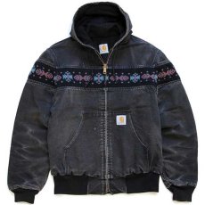 画像1: 90s carharttカーハート ネイティブ柄 ニット切り替え ダック地 アクティブジャケット パーカー 黒 (1)