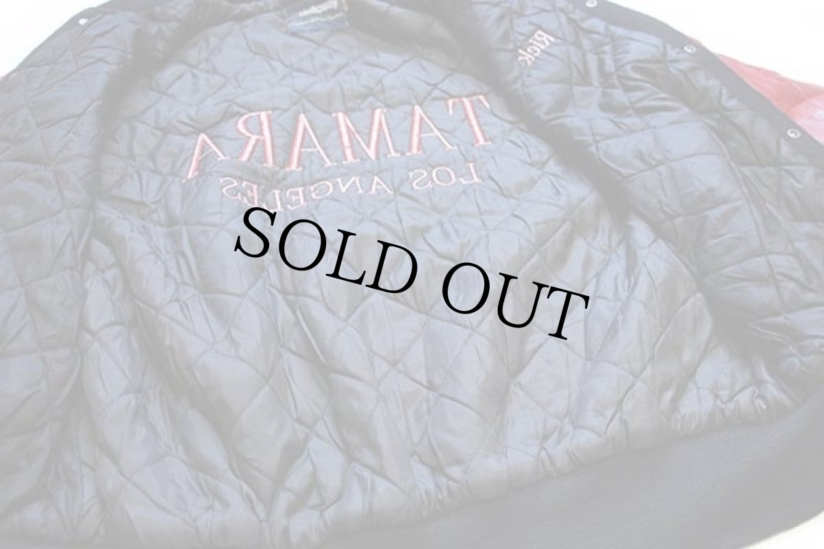 画像6: 80s USA製 Holloway 刺繍&パッチ付き キルティングライナー メルトン ウール 袖革スタジャン 黒×赤 XL (6)