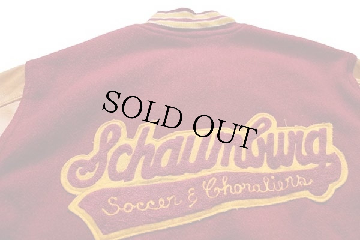 画像3: 90s USA製 gem SPORTSWEAR パッチ付き キルティングライナー メルトン ウール 袖革スタジャン 濃赤×山吹 XL (3)