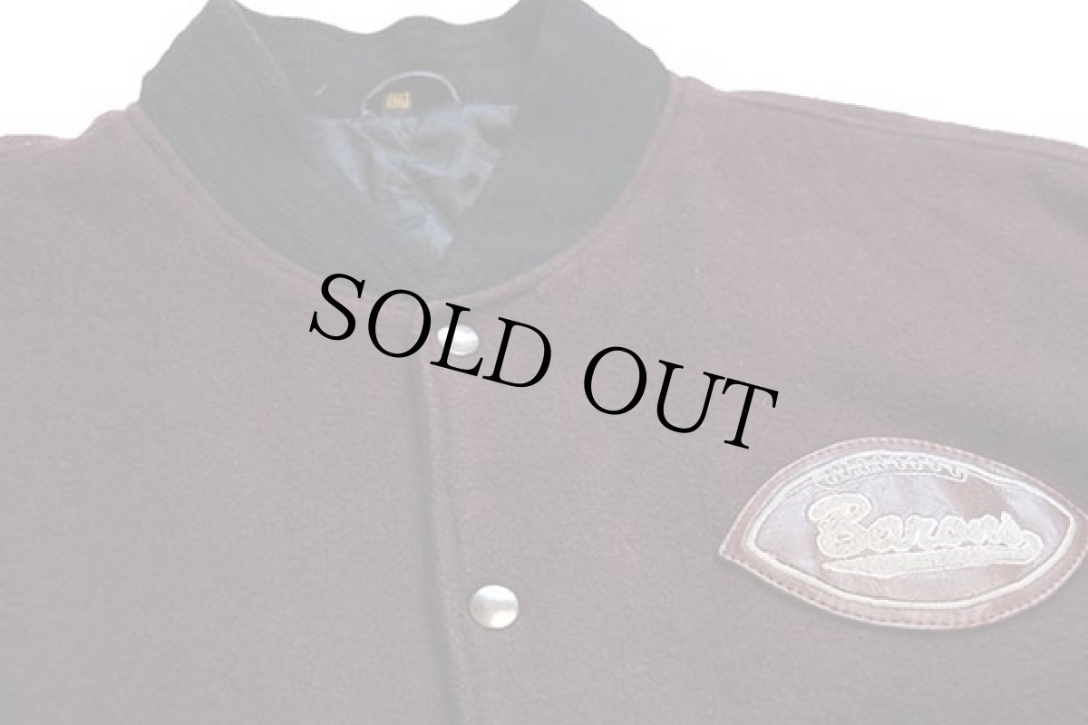 画像3: MANHEIM CENTRAL Barons アメフト 刺繍×レザーパッチ キルティングライナー メルトン ウール 袖革スタジャン バーガンディ×黒 XL (3)