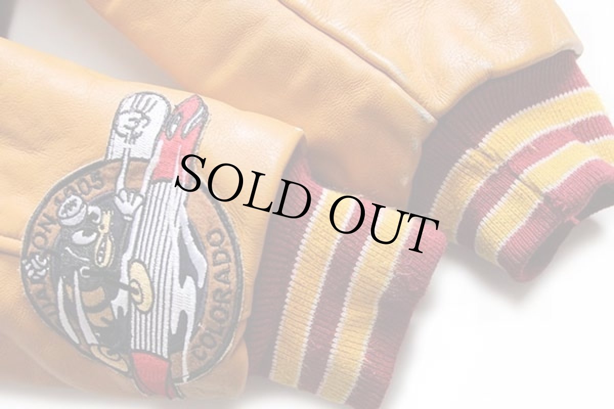 画像6: 90s USA製 gem SPORTSWEAR パッチ付き キルティングライナー メルトン ウール 袖革スタジャン 濃赤×山吹 XL (6)