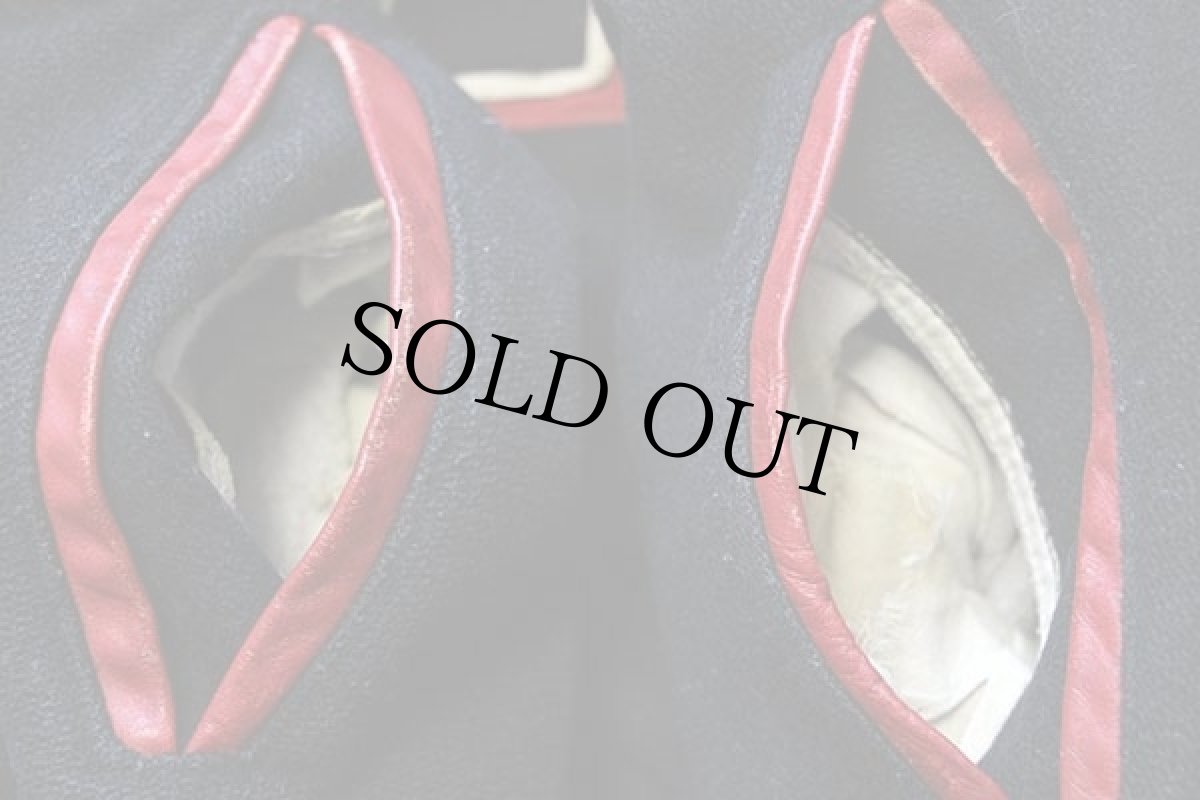 画像8: 80s USA製 Holloway 刺繍&パッチ付き キルティングライナー メルトン ウール 袖革スタジャン 黒×赤 XL (8)