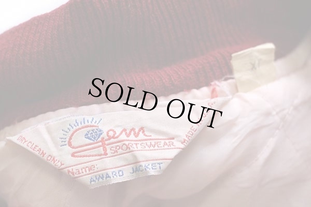 画像4: 90s USA製 gem SPORTSWEAR パッチ付き キルティングライナー メルトン ウール 袖革スタジャン 濃赤×山吹 XL (4)