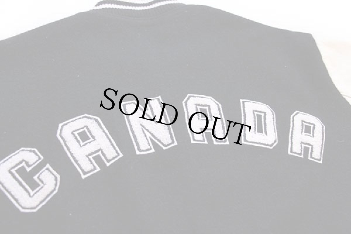 画像4: 90s カナダ製 Roots パッチ付き メルトン ウール 袖革スタジャン 黒×白 M (4)