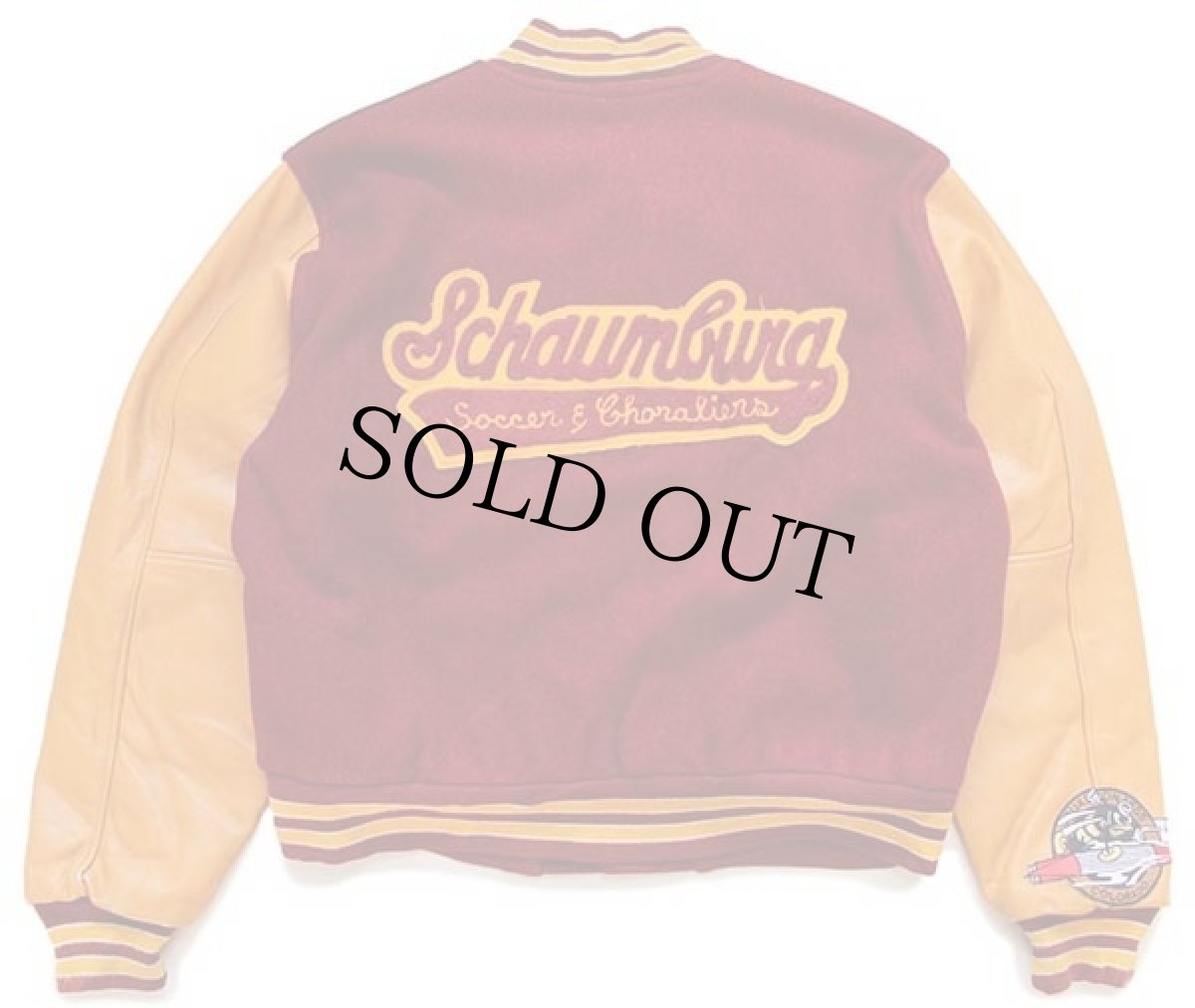 画像2: 90s USA製 gem SPORTSWEAR パッチ付き キルティングライナー メルトン ウール 袖革スタジャン 濃赤×山吹 XL (2)