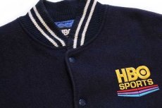 画像3: 90s USA製 HBO SPORTS INSIDE THE NFL 刺繍 キルティングライナー メルトン ウール 袖革スタジャン 紺×白 XL (3)