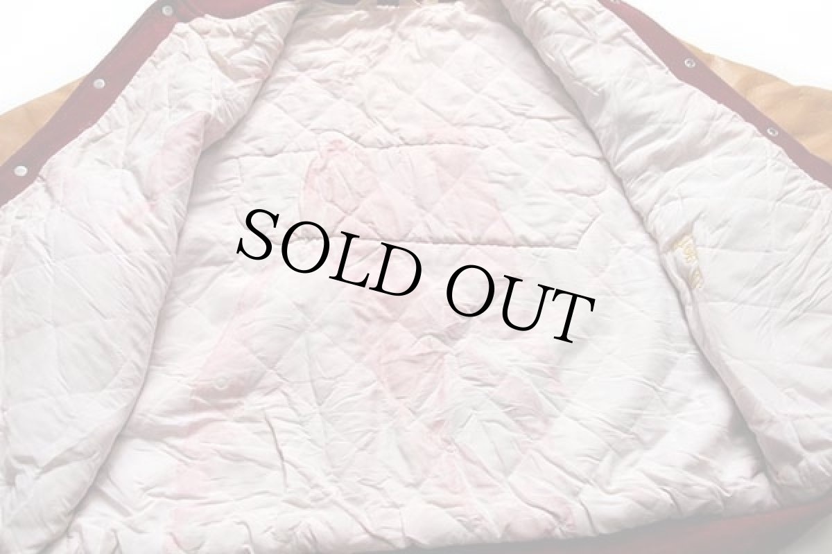 画像5: 90s USA製 gem SPORTSWEAR パッチ付き キルティングライナー メルトン ウール 袖革スタジャン 濃赤×山吹 XL (5)