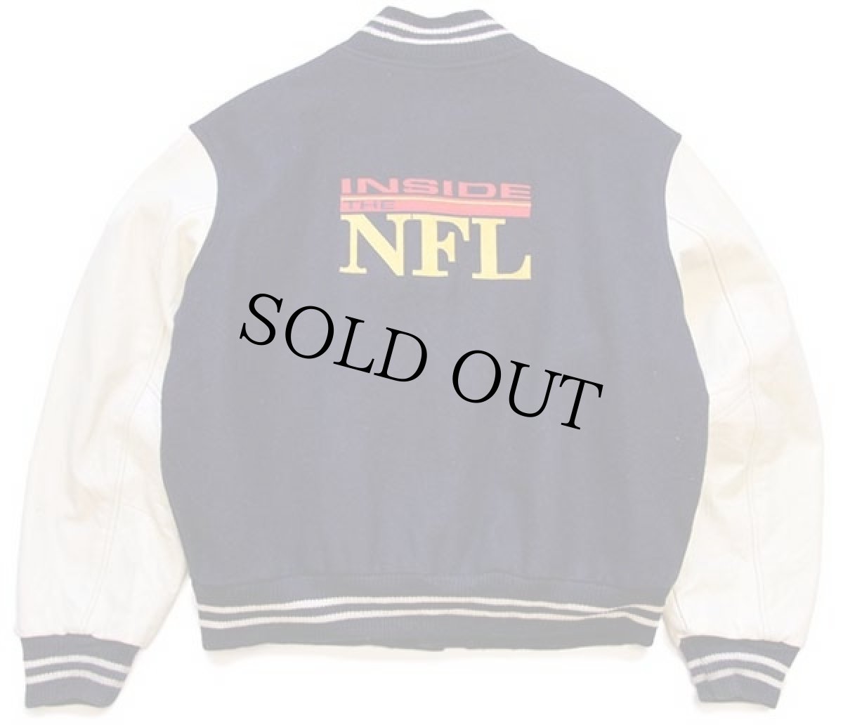 画像2: 90s USA製 HBO SPORTS INSIDE THE NFL 刺繍 キルティングライナー メルトン ウール 袖革スタジャン 紺×白 XL (2)