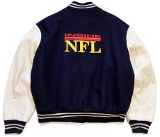 画像2: 90s USA製 HBO SPORTS INSIDE THE NFL 刺繍 キルティングライナー メルトン ウール 袖革スタジャン 紺×白 XL (2)
