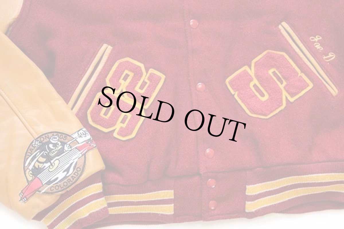 画像7: 90s USA製 gem SPORTSWEAR パッチ付き キルティングライナー メルトン ウール 袖革スタジャン 濃赤×山吹 XL (7)