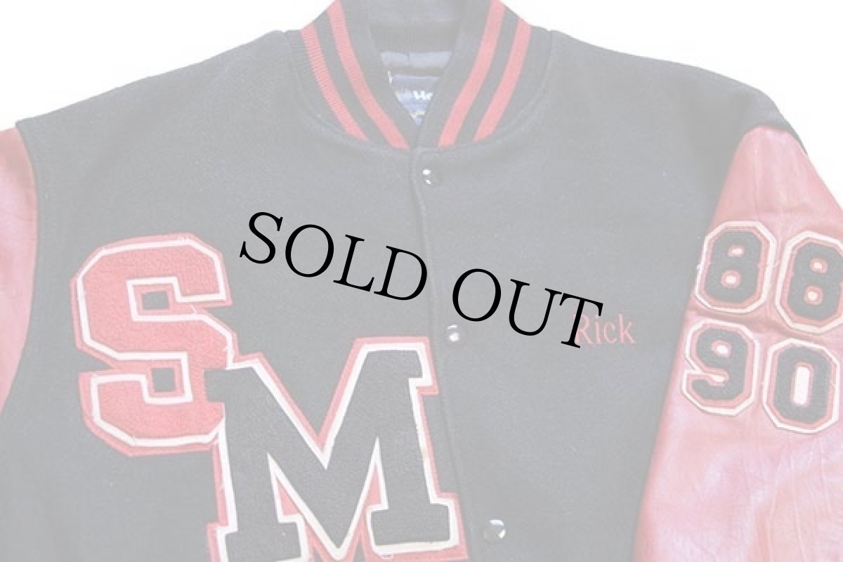 画像3: 80s USA製 Holloway 刺繍&パッチ付き キルティングライナー メルトン ウール 袖革スタジャン 黒×赤 XL (3)