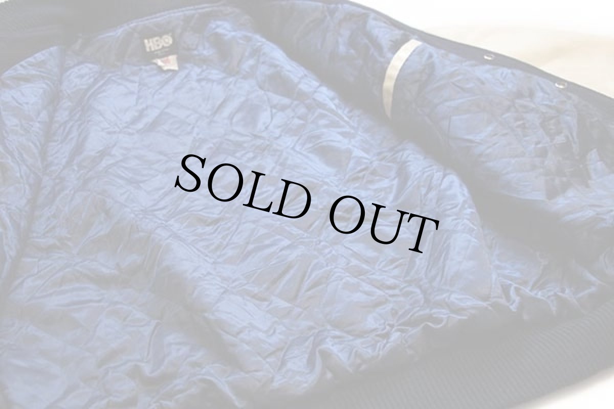 画像5: 90s USA製 HBO SPORTS INSIDE THE NFL 刺繍 キルティングライナー メルトン ウール 袖革スタジャン 紺×白 XL (5)