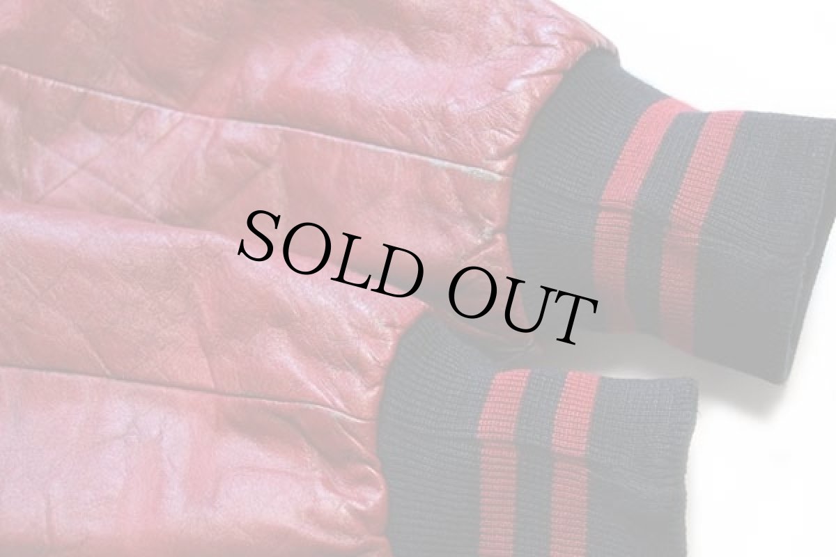 画像7: 80s USA製 Holloway 刺繍&パッチ付き キルティングライナー メルトン ウール 袖革スタジャン 黒×赤 XL (7)