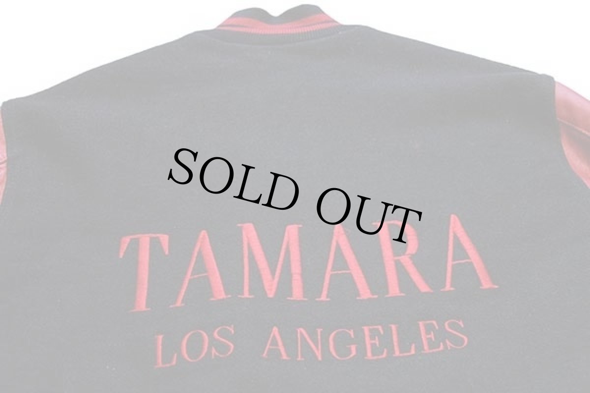 画像4: 80s USA製 Holloway 刺繍&パッチ付き キルティングライナー メルトン ウール 袖革スタジャン 黒×赤 XL (4)