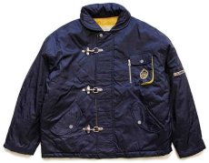 画像1: 90s イタリア製 OIL COMPANY パッチ&刺繍 ナイロン ファイヤーマンジャケット 紺 XL (1)