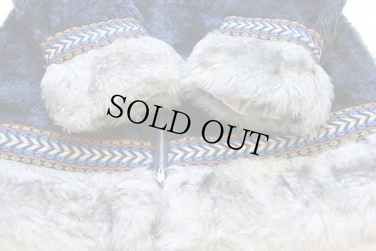 画像6: 70s UNKNOWN チロリアンテープ キルティングライナー フェイクファーコート 紺 12 (6)