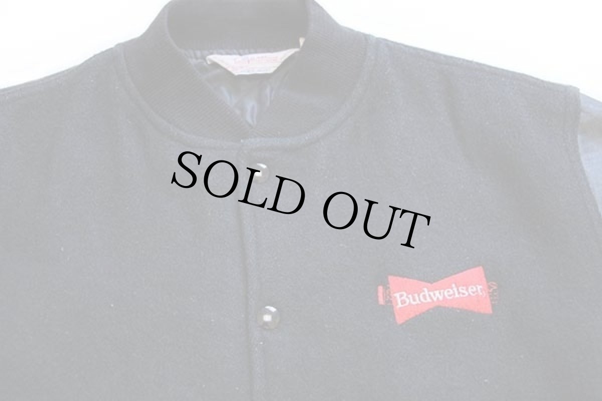 画像3: 80s USA製 Budweiserバドワイザー LATIN FUSION刺繍&パッチ付き キルティングライナー メルトン ウール 袖革スタジャン 黒 M (3)