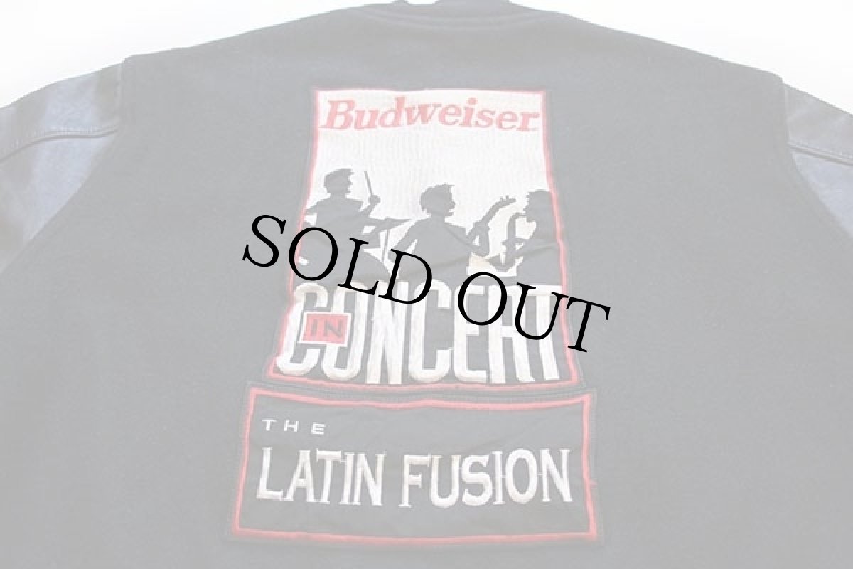 画像4: 80s USA製 Budweiserバドワイザー LATIN FUSION刺繍&パッチ付き キルティングライナー メルトン ウール 袖革スタジャン 黒 M (4)