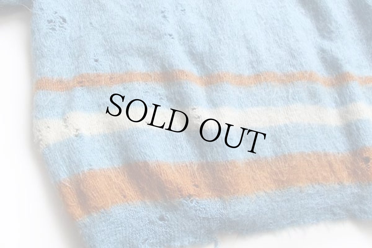 画像7: 60s Sears ライン入り モヘヤ×ウールニット カーディガン ボロ 水色 L (7)