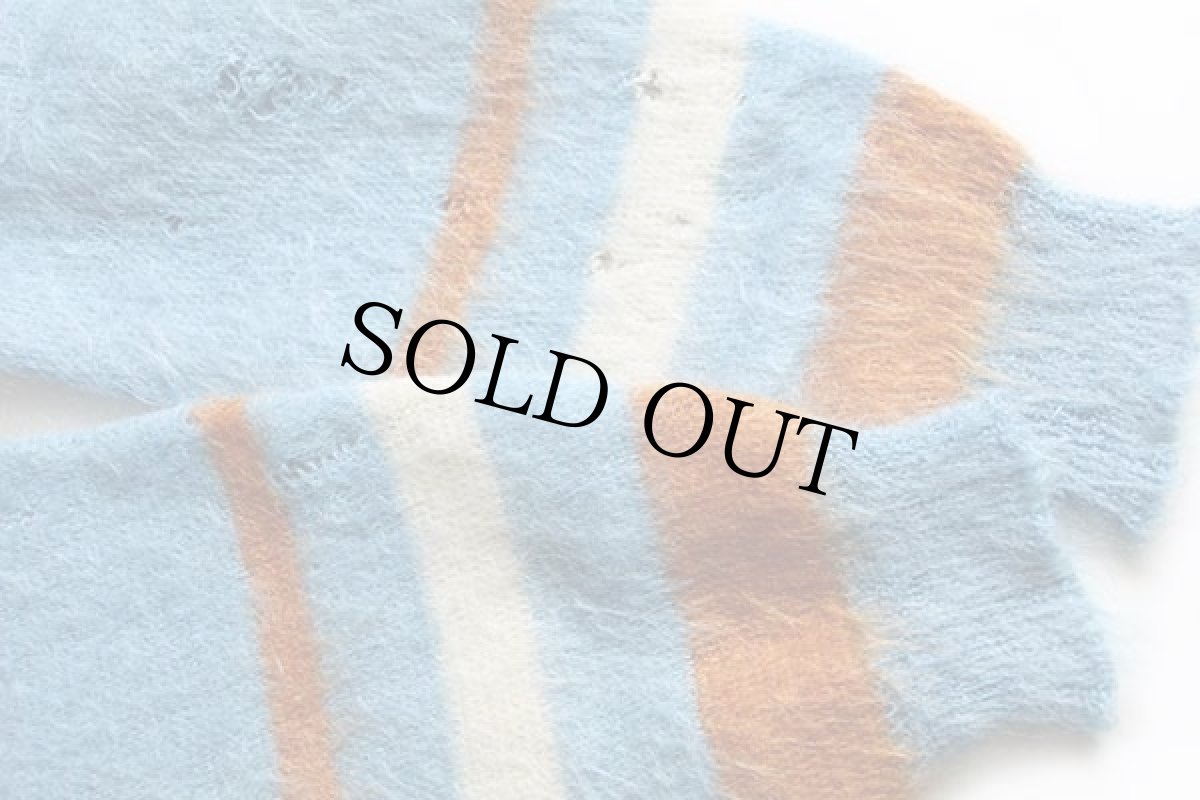 画像8: 60s Sears ライン入り モヘヤ×ウールニット カーディガン ボロ 水色 L (8)