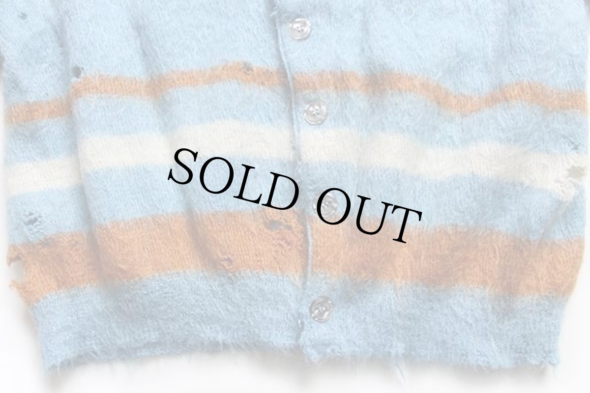 画像6: 60s Sears ライン入り モヘヤ×ウールニット カーディガン ボロ 水色 L (6)