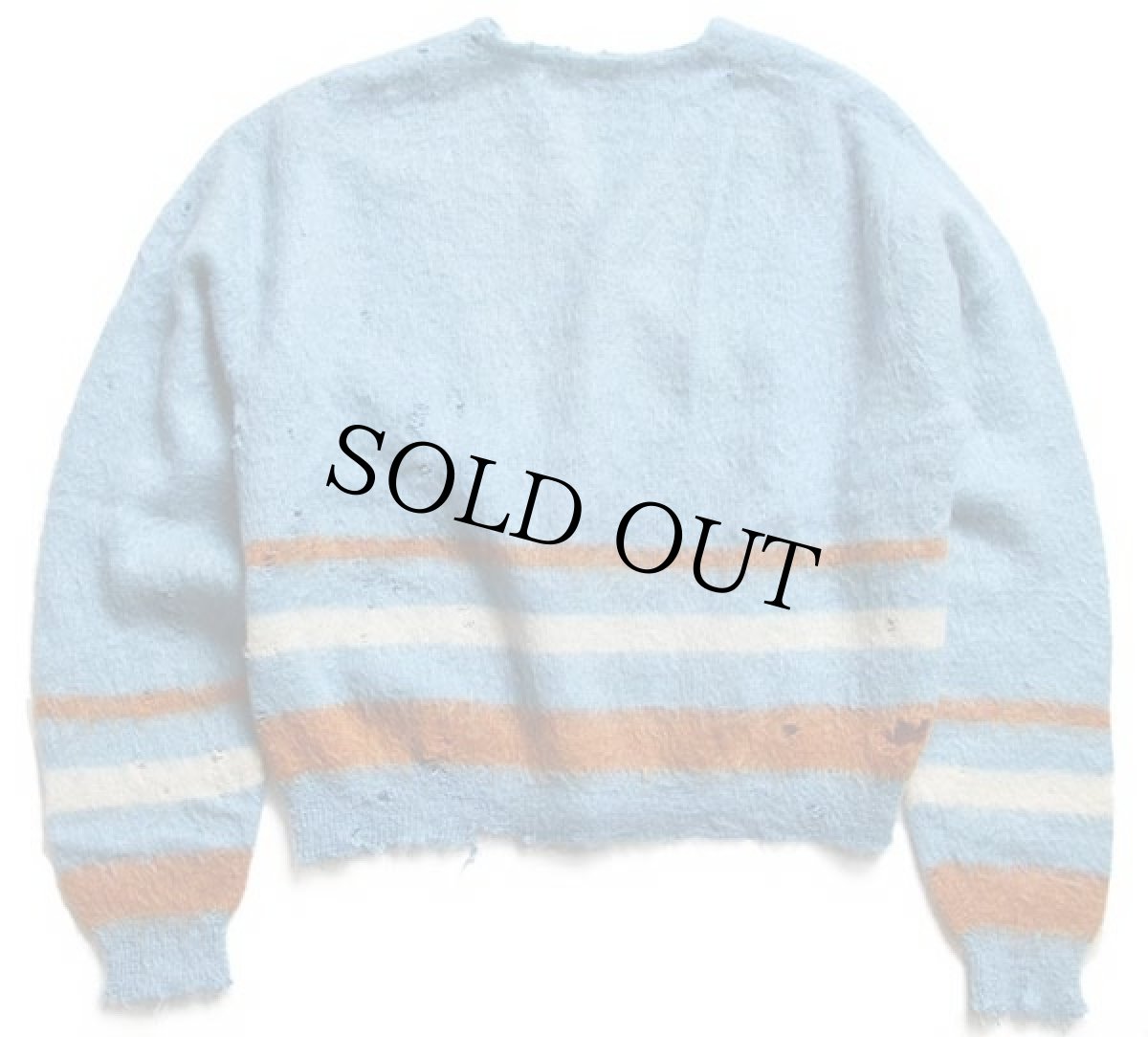 画像2: 60s Sears ライン入り モヘヤ×ウールニット カーディガン ボロ 水色 L (2)