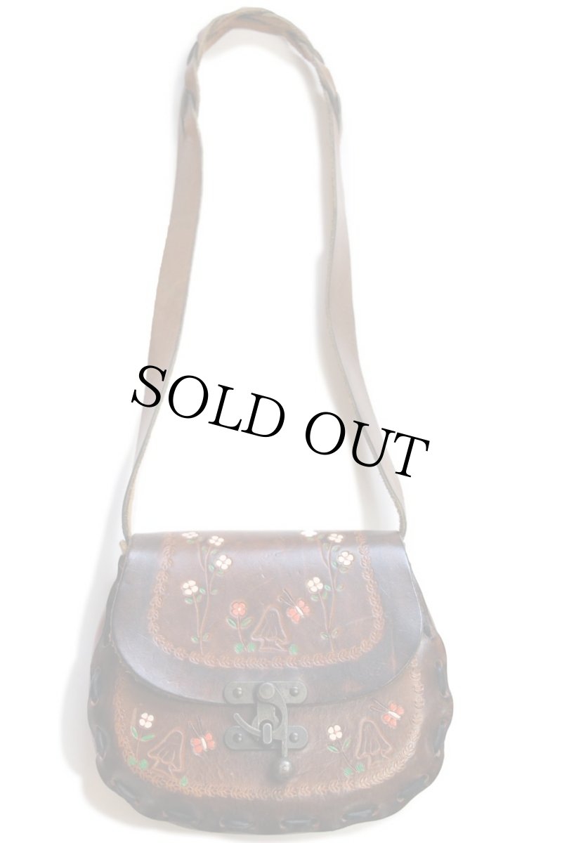 画像2: 70s キノコ 花柄 カービング ペイント レザー ショルダーバッグ 茶 (2)